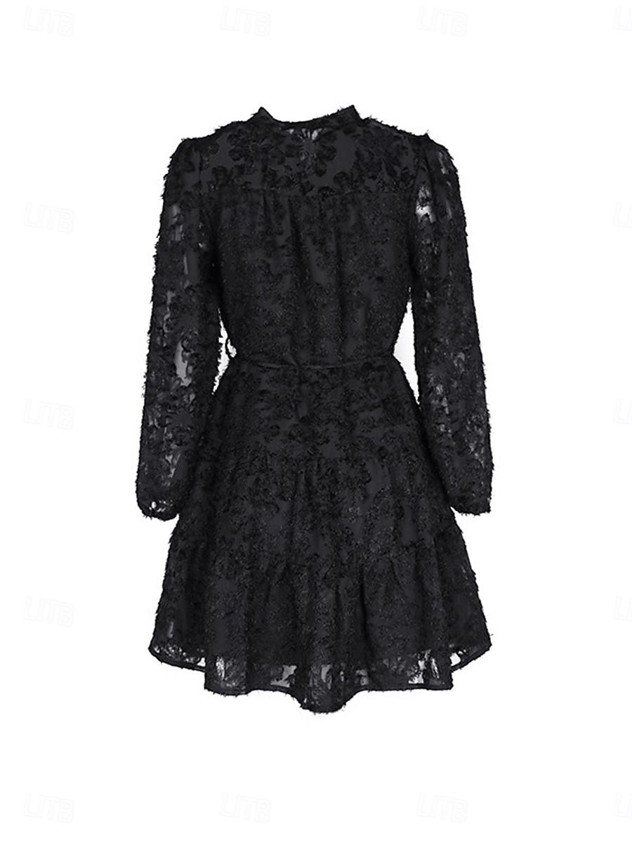 Damen Spitzenkleid Minikleid Angeschnallt Ausgefallene Ständer Langarm Schwarz Wein Marineblau Farbe 2025 - $57.99 –P11