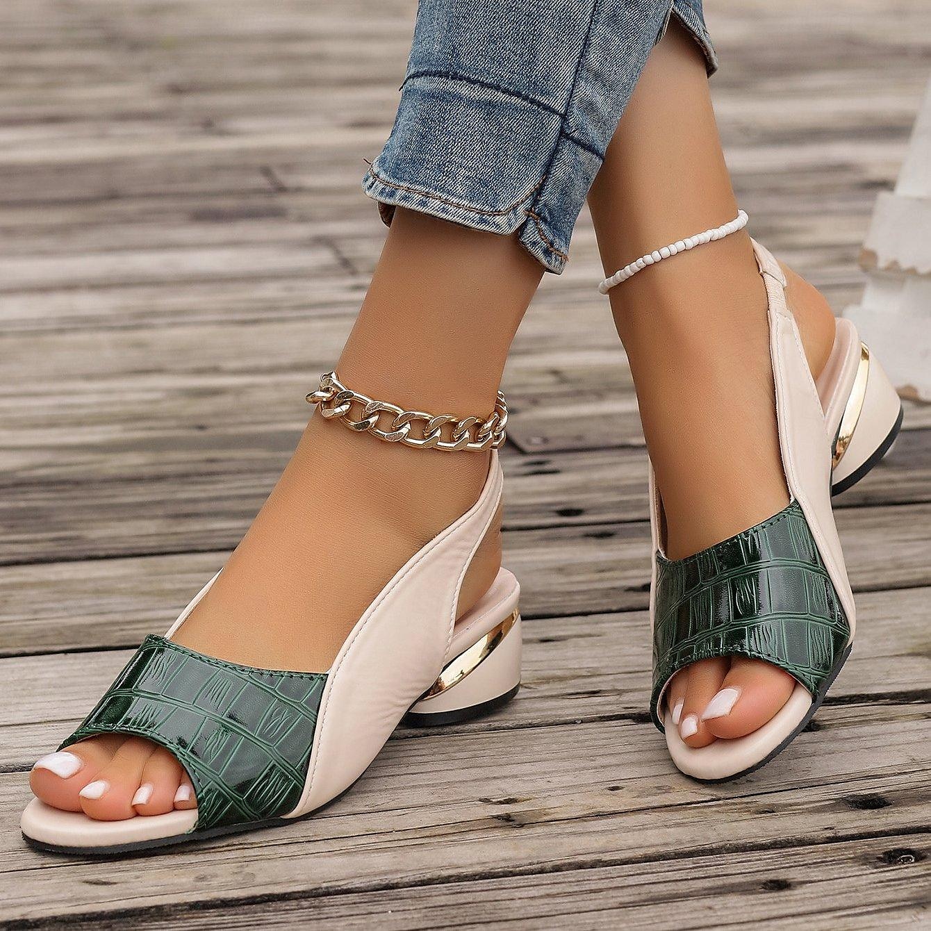 Women's Green and Beige Open-Toe Slingback Sandals – Crocodile Pattern Design with Gold Heel Accents for Casual and Elegant Summer Outfits 2025 - $32.99 –P13