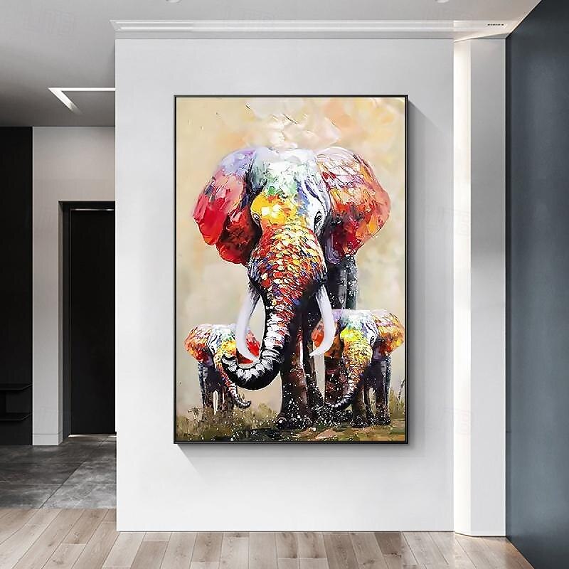 handmålad impressionistisk elefant oljemålning på duk- samtida flerfärgad safari djur oljemålning fin konst vilka lysande färger elefant målning för sovrum kontor väggdekoration 2025 - $108.99 –P5