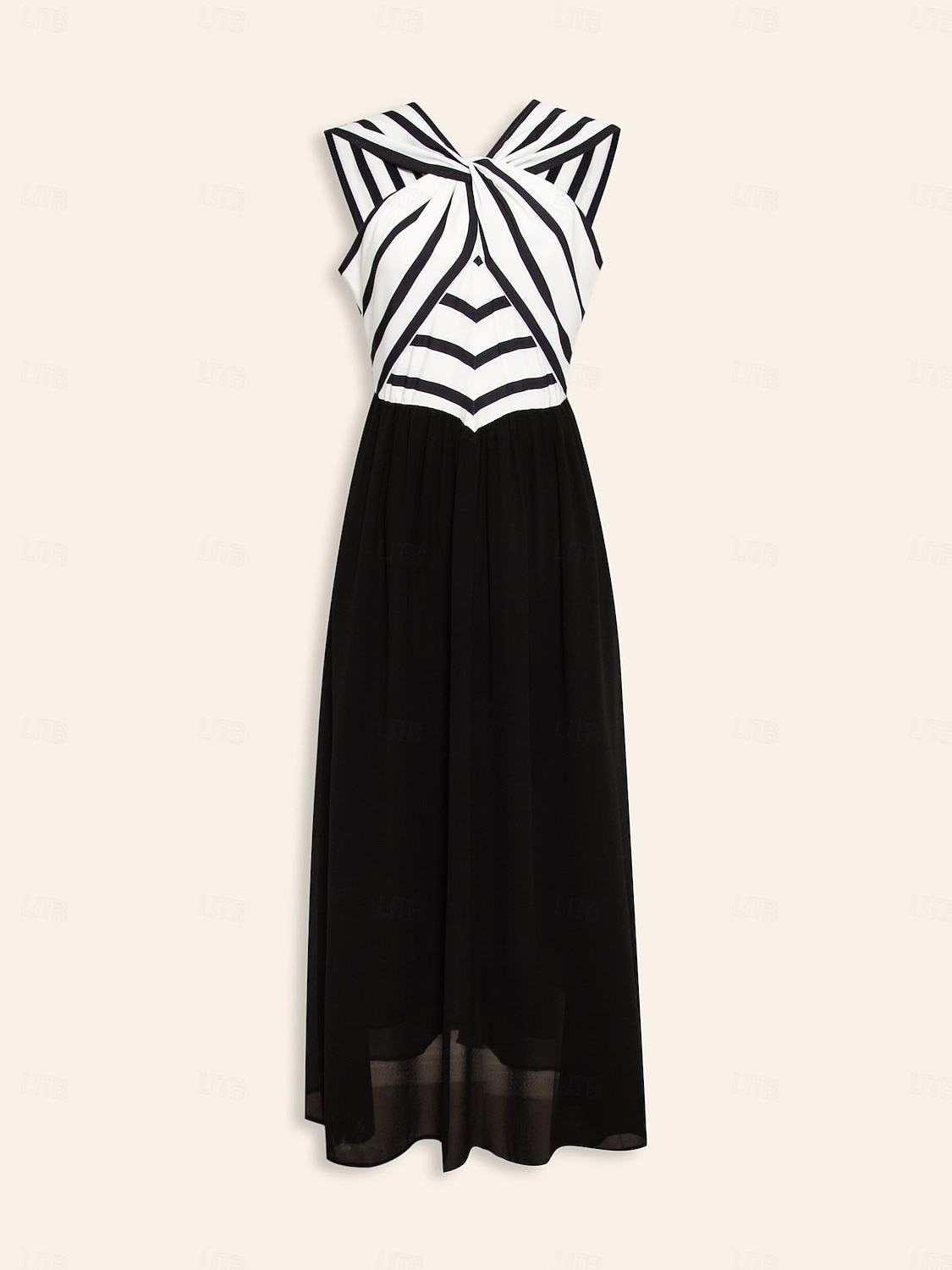 sifon negru&rochie maxi pentru invitați de petrecere/nuntă, cu talie elastică în dungi de satin, cu gât legat, fără mâneci, pentru a impresiona 2024 2025 - $85.99 –P7
