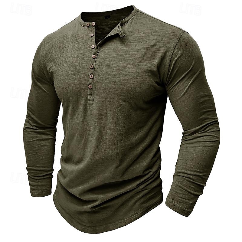 100% Cotton Men's Henley Shirt Tee Top Long Sleeve Shirt Long Sleeve Solid Color Fashion Daily Buttons Henley Outdoor Casual Summer Dark Brown Dark Grey Black Henley T-Shirt 2025 - $22.99 –P11