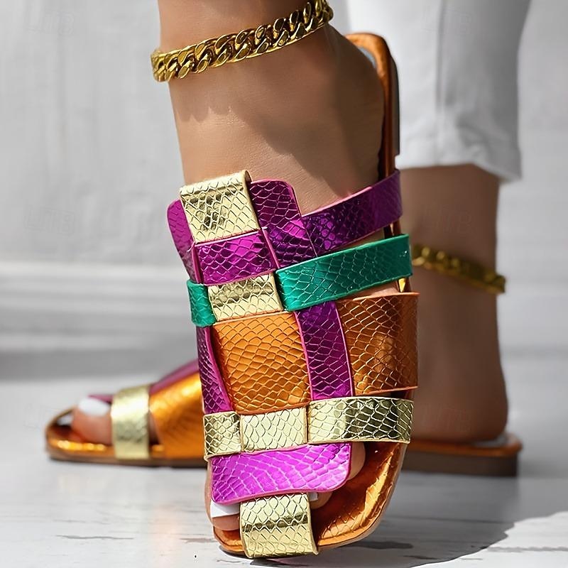 sandálias femininas coloridas de tiras metálicas – sapatilhas vibrantes com estampa de cobra para uso casual no verão e em festivais de 2026 por $24.99 –P6