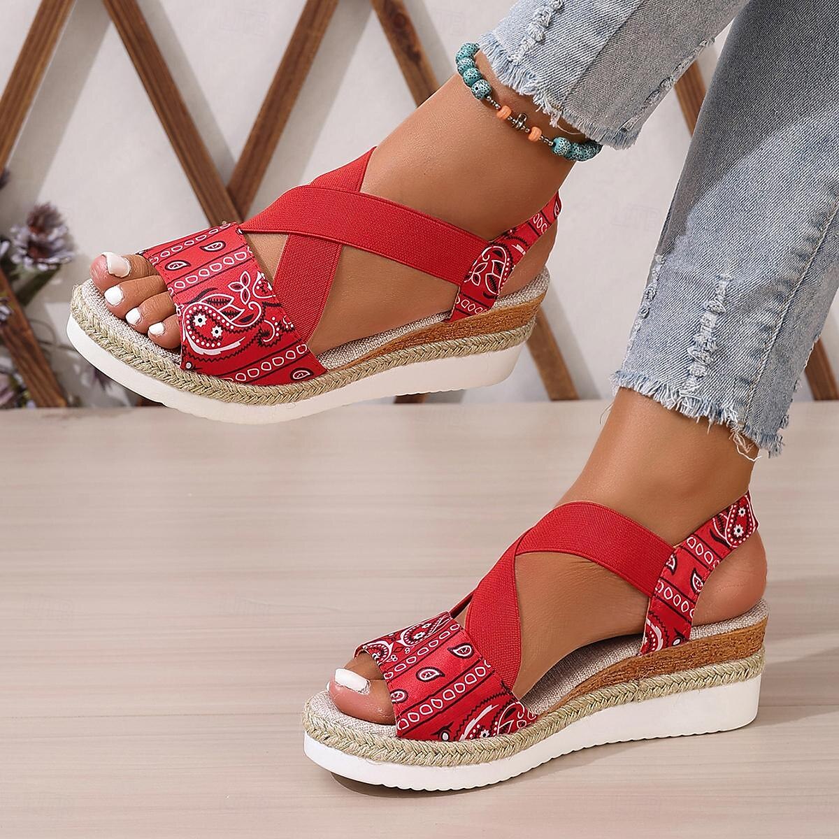 Sandales compensées pour femmes, sandales à plateforme, quotidien, été, plage, talon caché, bout ouvert, décontracté, noir, rouge, bleu de 2025 ? $32.99 –P4