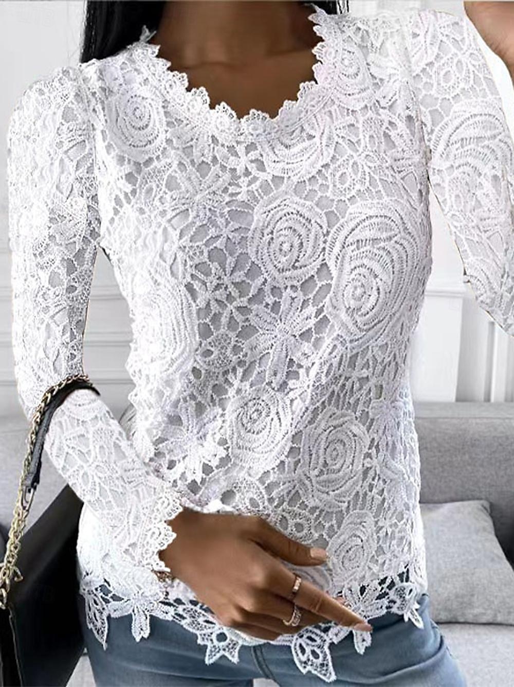 Hemd Bluse Elegante Oberteile Damen Weiß Rosa Wein Glatt Spitze Strasse Täglich Modisch Rundhalsausschnitt Regular Fit S 2025 - $26.99 –P2