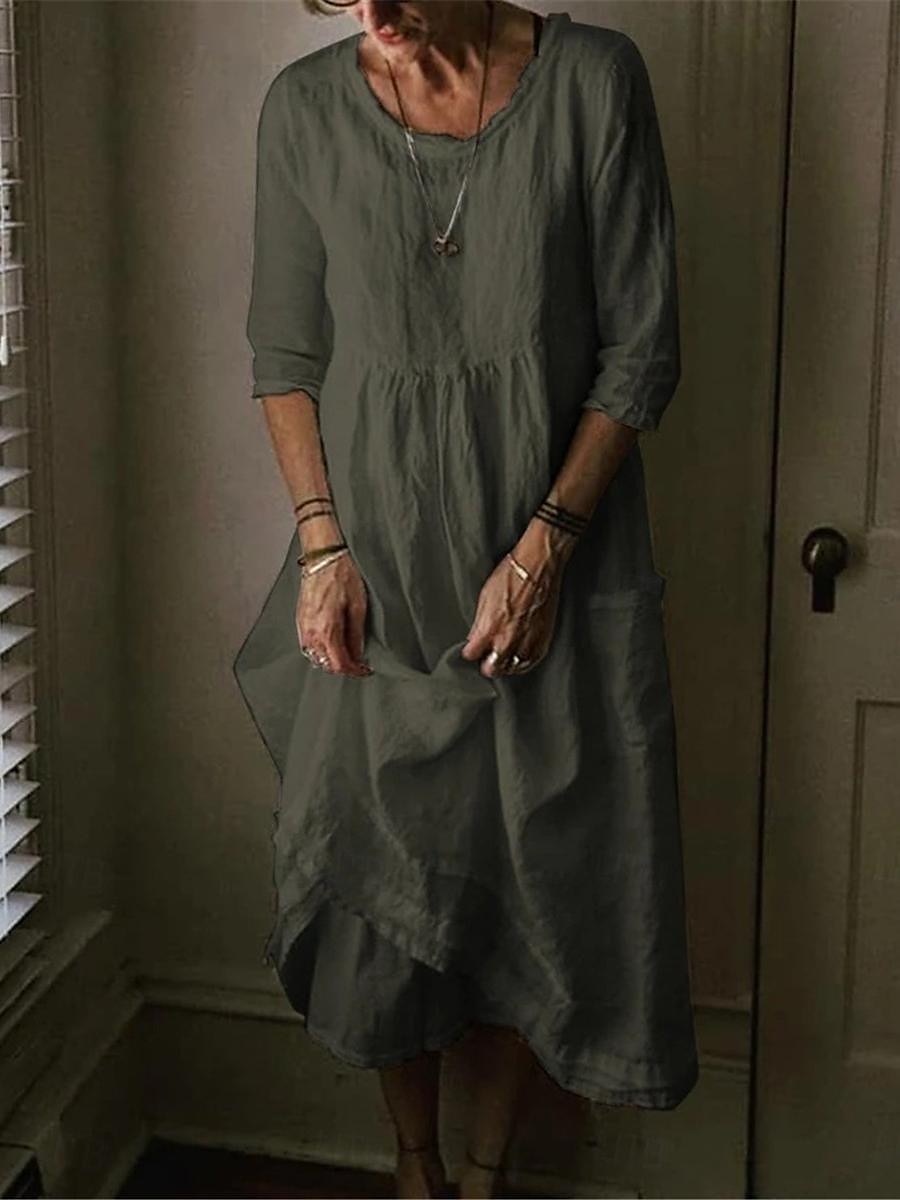 Dames Zwart blauw Groen Zomer Lente Halflange jurk Linnen-geïnspireerde jurken Casual jurk Katoenen linnen jurk Basic Modern Dagelijks Weekend Ruim Passend Effen Strakke ronde hals 2025 - $32.99 –P2