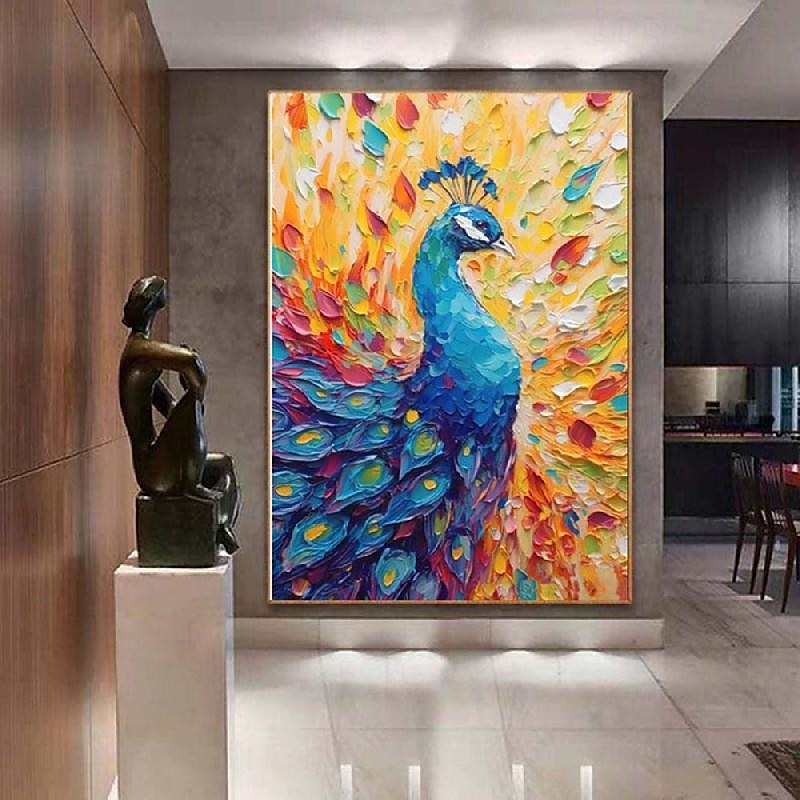 Pfauengemälde, Vogelkunst, Ölgemälde, handgefertigt, farbenfrohes Pfauen-Impasto-Kunstwerk, helles Ölgemälde, Wandkunst, Palettenmesser, heller Vogel, 3D-Strukturkunst, Gemälde für Schlafzimmer, 2025 - $116.99 –P5