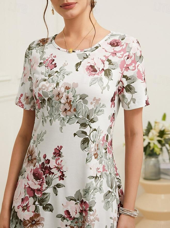 Damen Elegantes Partykleid Abendkleid Midi Kleid Rundhals Kurzarm Shift Kleid A-Linien Kleid Sommerkleid Alltag Lockere Passform Floral Grün Beige Sommer 2025 - $23.99 –P3