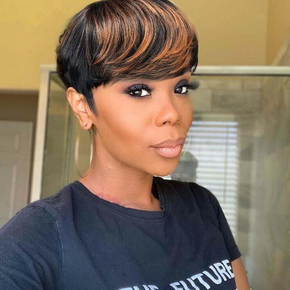 perucas onduladas em camadas pixie pretas com marrom f1b / 30 cores perucas curtas encaracoladas sem cola peruca de corte pixie cabelo humano perucas curtas de cabelo humano para mulheres negras de 2025 por $47.99 –P1