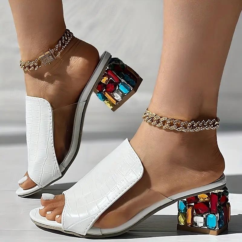 sandali bianchi da donna con punta aperta e stampa coccodrillo – eleganti tacchi a blocco slip-on con decorazioni in strass colorati per feste ed estate del 2025 a $29.99 –P3