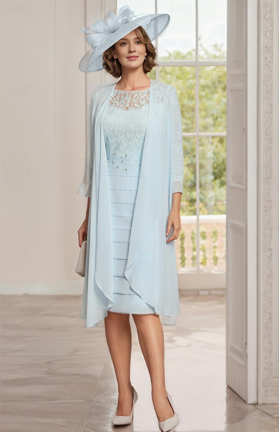 Abito da sposa a due pezzi in spiaggia abito madre della sposa elegante scollo a gioiello lunghezza al ginocchio chiffon con pizzo maniche a tre quarti abiti giacca con lace arricciato taglia del 2025 a $167.99 –P1
