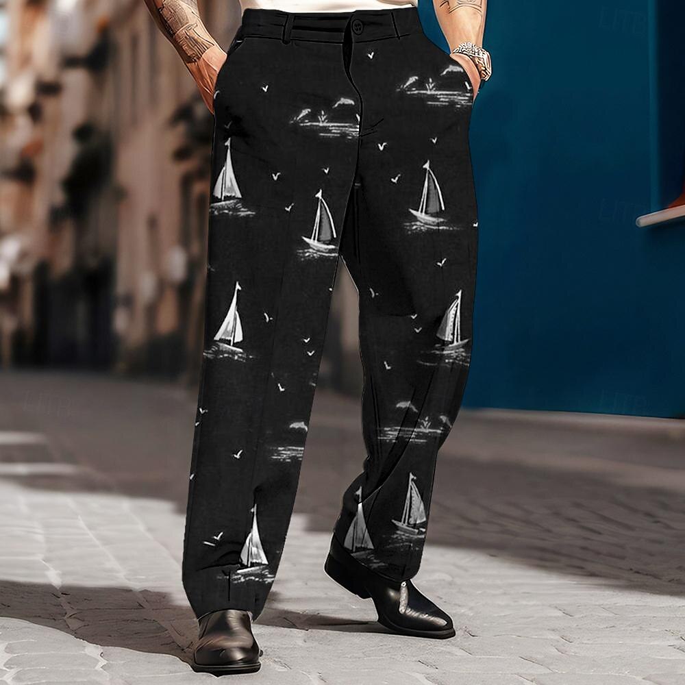 Herren Segelboot Anzughosen Mittlere Taillenlinie Business-Casual Formal Hochzeit Alltagskleidung Tasche Hose mit geradem Bein Sommer Frühling Herbst 3D-Druck Schwarz Weiß 2025 - $29.99 –P1