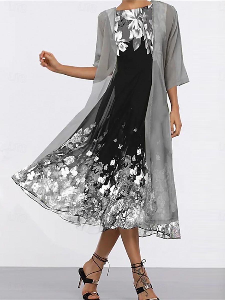 Femme Robe Ensemble Robe de Mousseline Grande occasion Floral Imprimer Robe Maxi Demi Manches Col Ras du Cou Soirée Violet Gris Eté Ample de 2025 ? $41.99 –P3