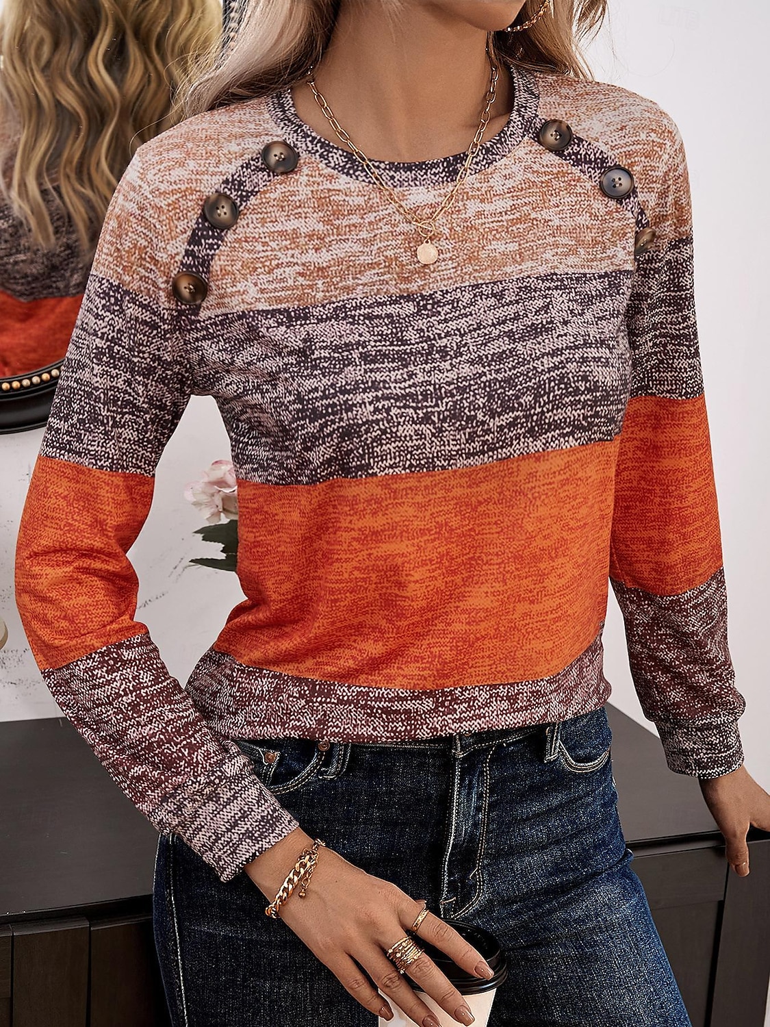 Dame Tunika Nyanse Grafisk Stripet Elegant Årgang Stilfull Langermet Crew-hals Vanlige topper Daglig Knapper Rød Blå Oransje Vår Høst 2025 - $23.99 –P3