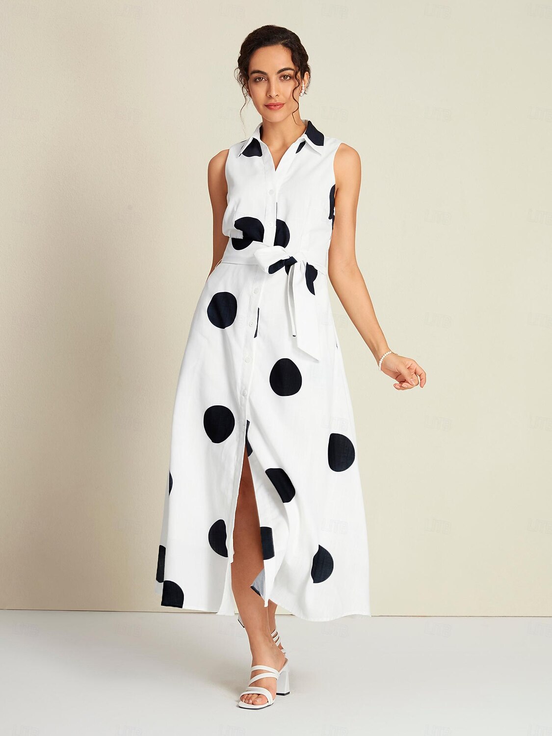 Damen blusenkleid Saum Maxi Maxidress Weiß Ärmellos Punkt Tasche Bindegürtel Sommer Kargen Casual S M L 2025 - $24.69 –P7