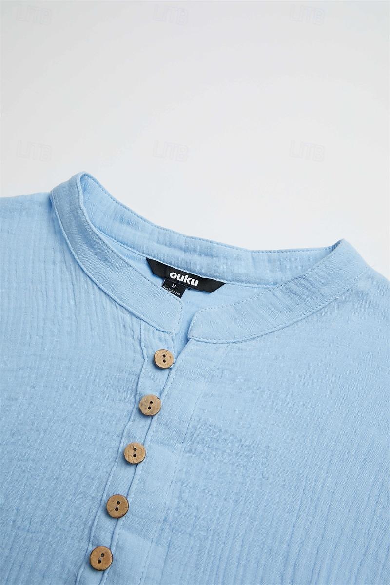 Per uomo Camicia Camicia estiva Abbigliamento mare Camicia con bottoni Maglietta informale Camicia con colletto a fascia Nero Bianco Azzurro Manica lunga Liscio A fascia Giornaliero Da mare Splice del 2025 a $25.99 –P1