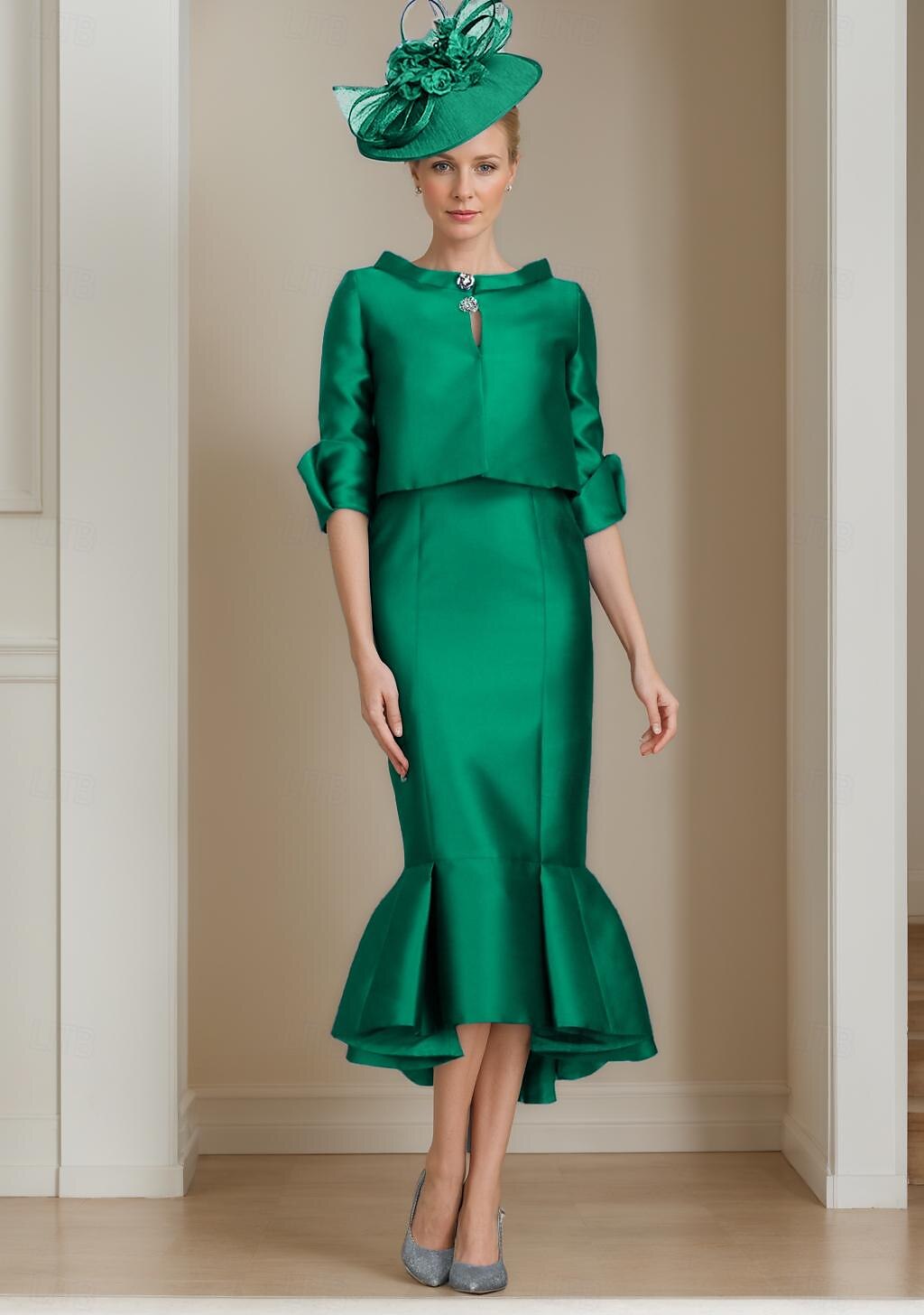 Ensemble deux pièces Robe Sirène Mère de la Mariée Robe de cérémonie d'invité de mariage Élégante Encolure ornée Mi-longue Satin Manche mi-longue avec Boutons Robe Derby Robe de jour de course 2025 de 2025 ? $149.99 –P7