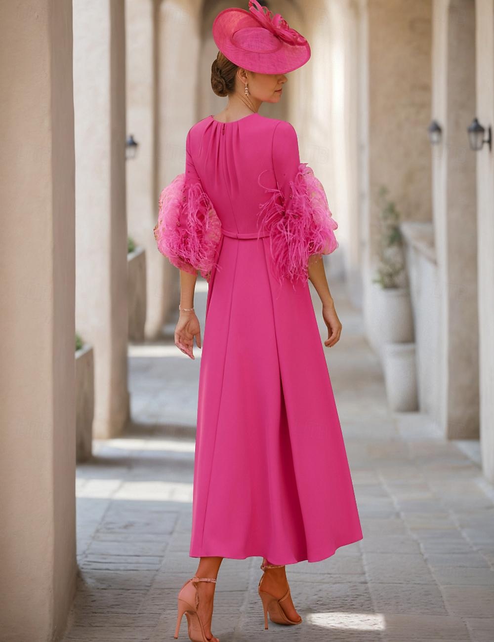 A-Linie Brautmutterkleid Hochzeitsgast Eleganter Juwelenausschnitt Asymmetrisches Stretchgewebe Halbarm mit Feder freie Maßanfertigung 2025 - $198.99 –P3