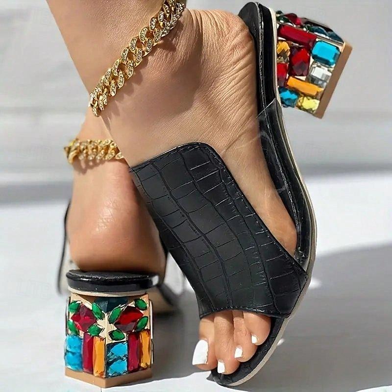 sandali bianchi da donna con punta aperta e stampa coccodrillo – eleganti tacchi a blocco slip-on con decorazioni in strass colorati per feste ed estate del 2025 a $29.99 –P5