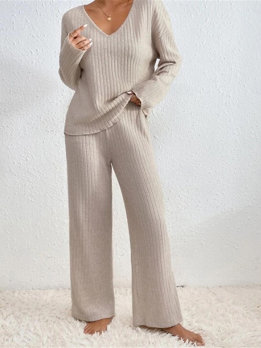 dames pyjama sets pure kleur mode comfort thuis dagelijks bed brei ademend v draad lange mouwen broek elastische taille lente herfst zwart kameel thuis outfits 2025 - $26.99 –P10
