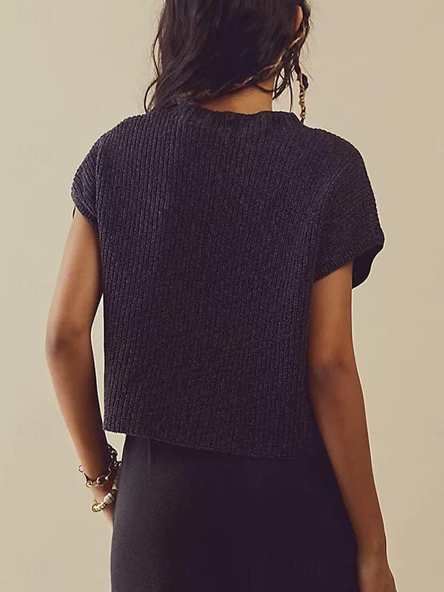 Mujer Chaleco suéter Elegante Casual Color sólido Estriado Cuello Alto Bolsillo Mangas cortas Tops regulares Tejer Trabajo Negro Verde Ejército Verano 2025 - $29.99 –P4