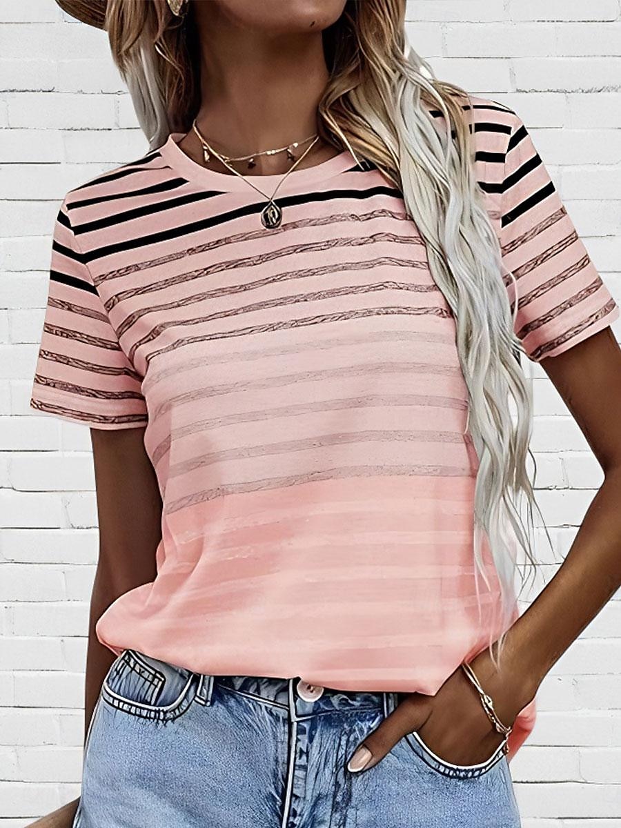 Per donna Maglietta Stampato A righe Casual Manica Corta Girocollo Top Regolari Quotidiano Blu Rosa Viola Estate del 2026 a $22.99 –P1