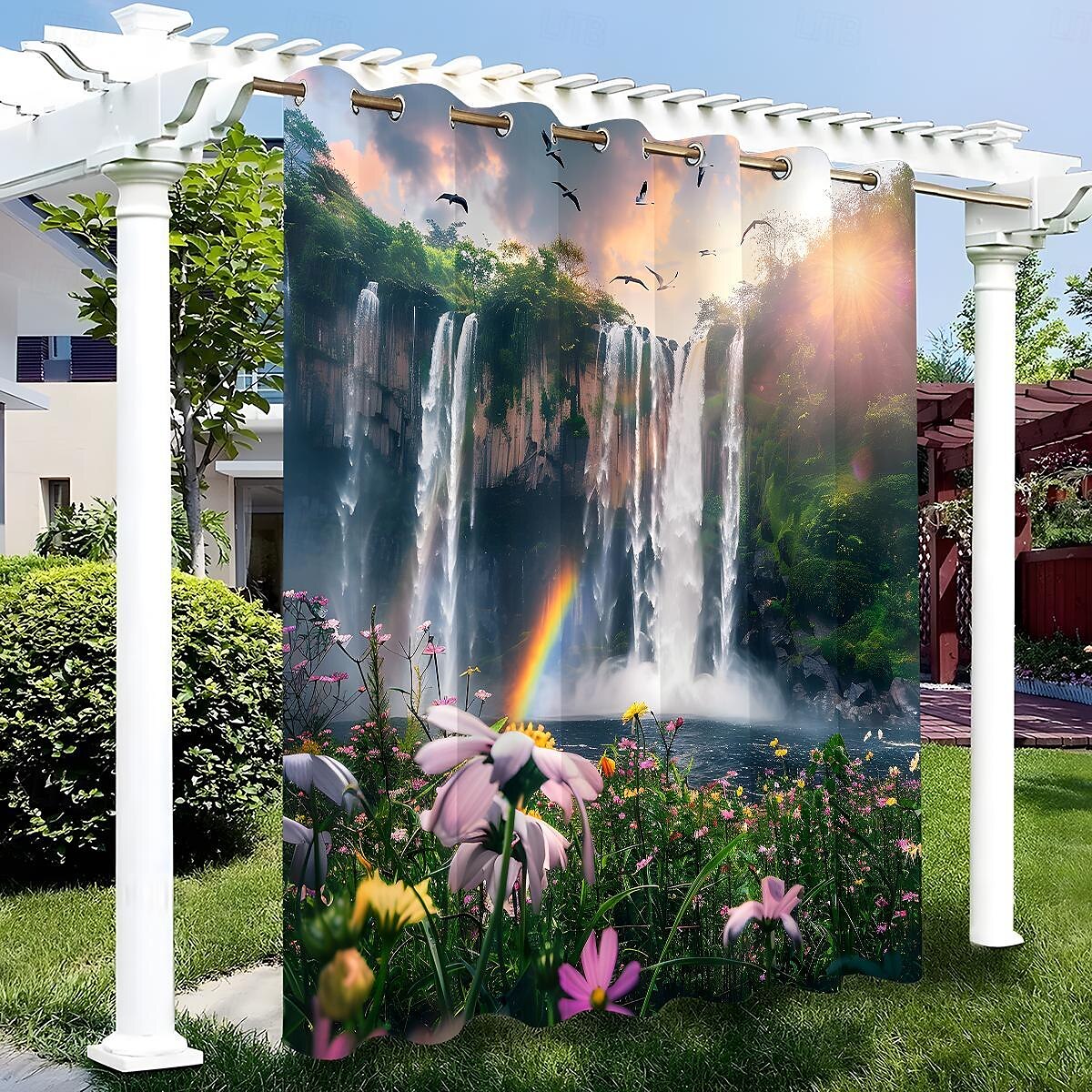 vízálló kültéri függöny magánélet, elcsúsztatható teraszfüggöny, pergola függönyök szivárványos folyami táj pavilonhoz, erkély, veranda, parti, 1 panel 2025 - $34.99 –P18