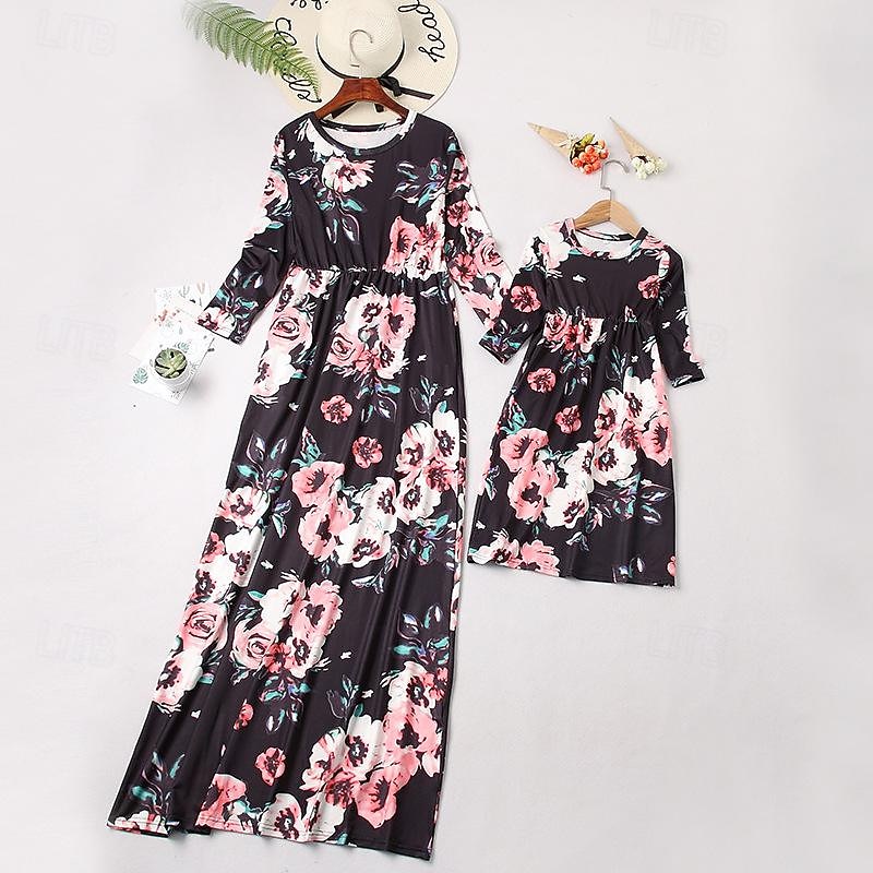 Mommy and Me Dresses Graphic Home Black White Pink Long Sleeve Mommy And Me Outfits Daily Matching Outfits 2026 - $13.99 –P8