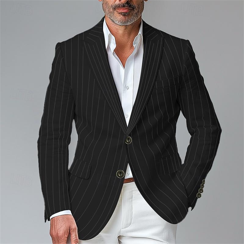 Hombre chaqueta Negocio Fiesta de Cóctel Fiesta de Boda Moda Casual Primavera & Otoño Poliéster Rayas Botón Bolsillo Cómodo Botonadura Simple Chaqueta de sport Negro Blanco Amarillo Azul Piscina 2025 - $54.99 –P13