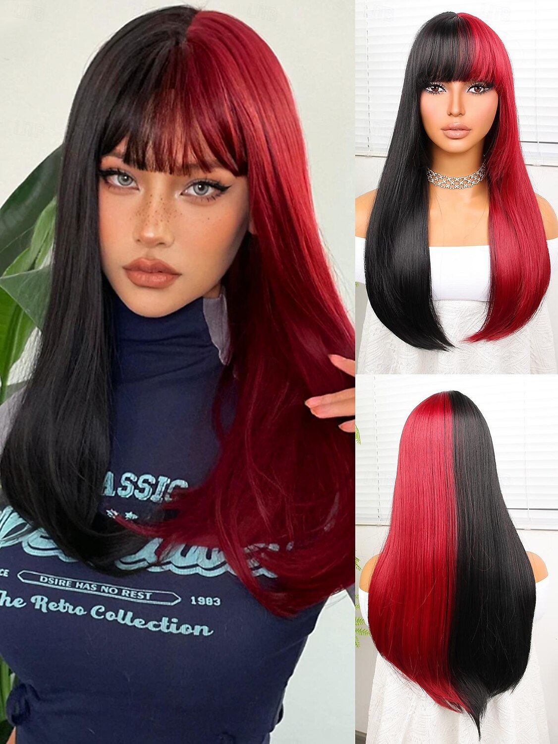 Perruque Synthétique Yaki Droite Coupe Droite Perruque 22 pouces Noir / Rouge Cheveux Synthétiques 22 pouce Femme Multicolore de 2025 ? $17.99 –P1