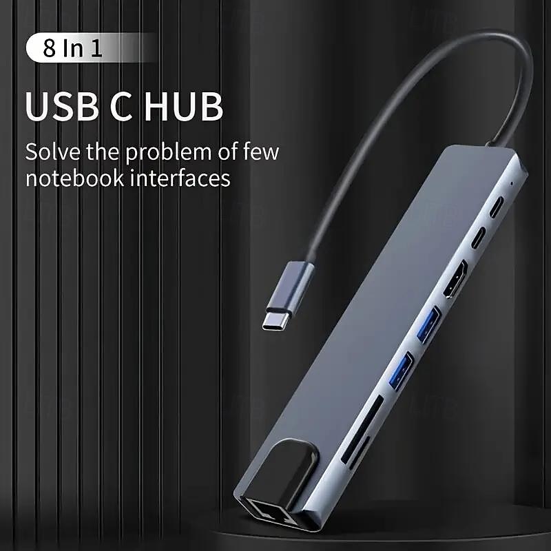 Универсальная док-станция type-c8 с сетевой картой, концентратор USB3.0, док-концентратор для ноутбука 2025 - $26.99 –P1