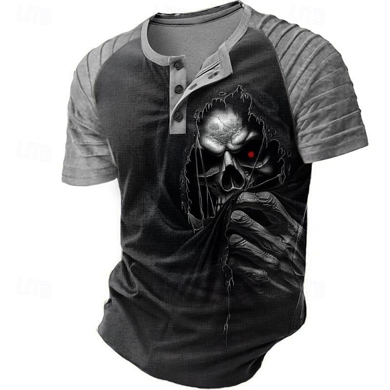 2025年 男性用 暗い Tシャツ 半袖 3Dプリント レトリ/ヴィンテージ ゴシック パーティー ストリート 夏 春 ブラック グレー ヘンリーカラー ヘンリーTシャツ コレクション – $20.99 –P1