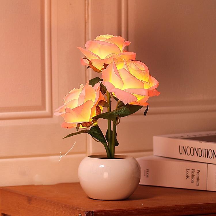 Valentines Flowers Table Lamp, LED 3D Rose Night Light Table Lights Simulation Flower with Vase Table Lamp Ornaments for Home Living Bedroom Decoration Lamp 1pc 2025 - $37.99 –P1