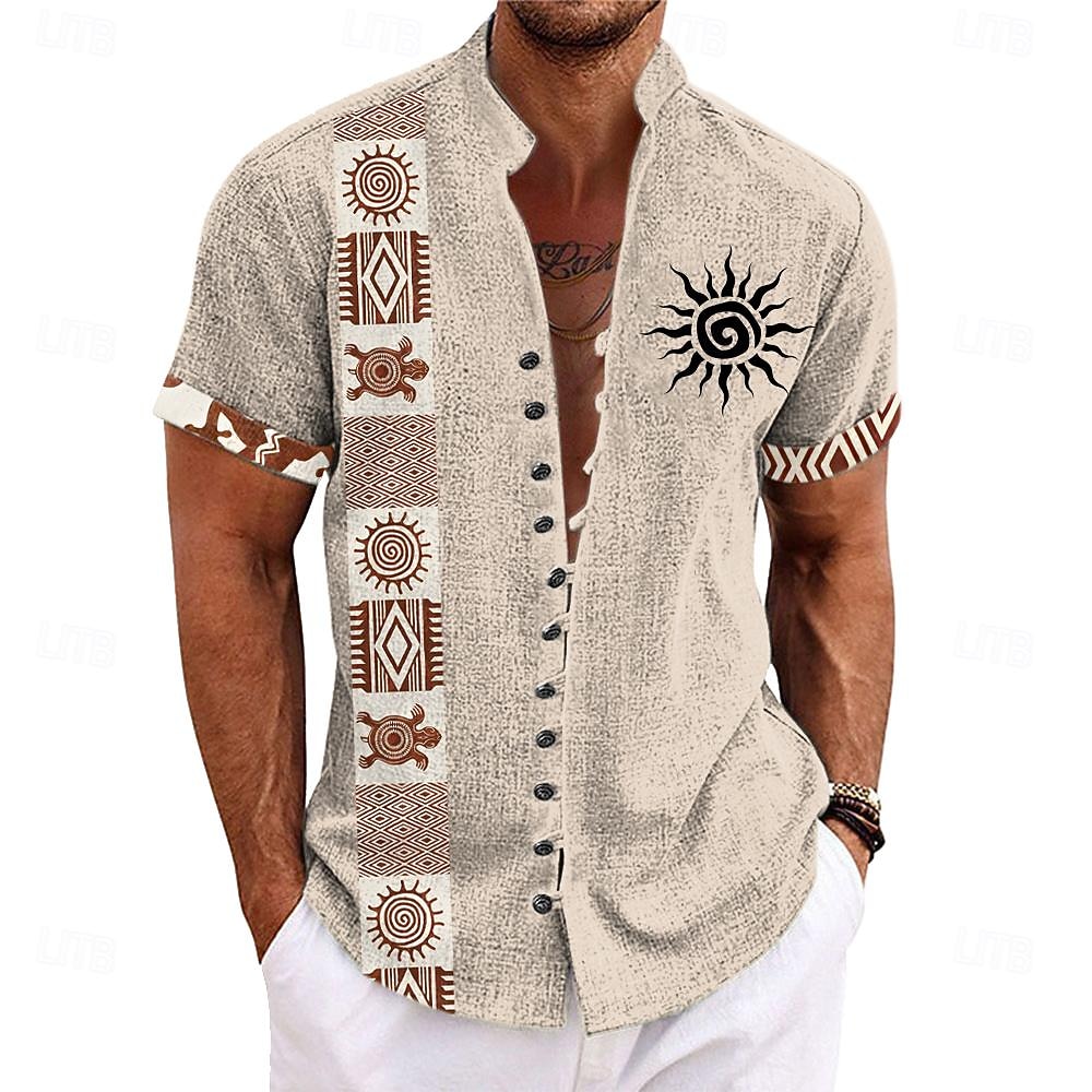 Voor heren Etnisch Overhemd Overhemd met knopen Korte mouw Casual Tribal Vakantie Dagelijks Zomer Lente opa kraag Band Kraag Knop Afdrukken Groen Khaki Abrikoos Beige 2026 - $23.99 –P4