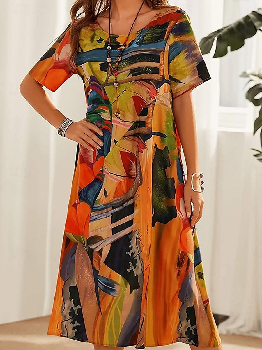 γυναικείο abstract print crew midi φόρεμα casual καθημερινό κοντομάνικο καλοκαίρι 2025 - $21.99 –P1