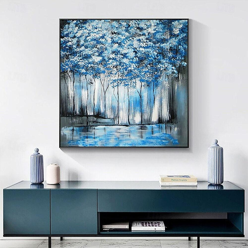 reines handgemaltes Ölgemälde blauer Wald nordisches abstraktes dekoratives Gemälde Wohnzimmer Veranda Leinwandkunst atmosphärisches Wandbild 2025 - $116.99 –P2