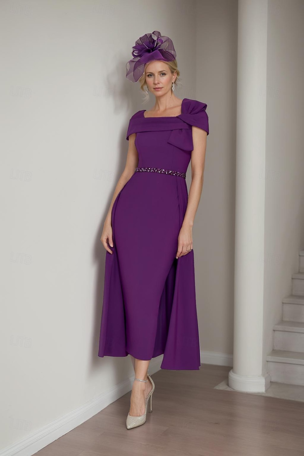 Sheath Brautmutter Kleid Elegantes Quadrat-Ausschnitt Tee-Länge Stretch-Stoff Kurzarm mit Schleife(n) Tier Einfarbig Rennsport Kleid kostenlose Maßanfertigung 2025 - $176.99 –P1