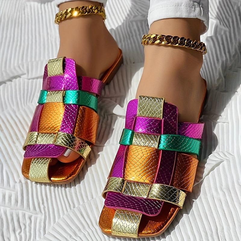 sandálias femininas coloridas de tiras metálicas – sapatilhas vibrantes com estampa de cobra para uso casual no verão e em festivais de 2026 por $24.99 –P7
