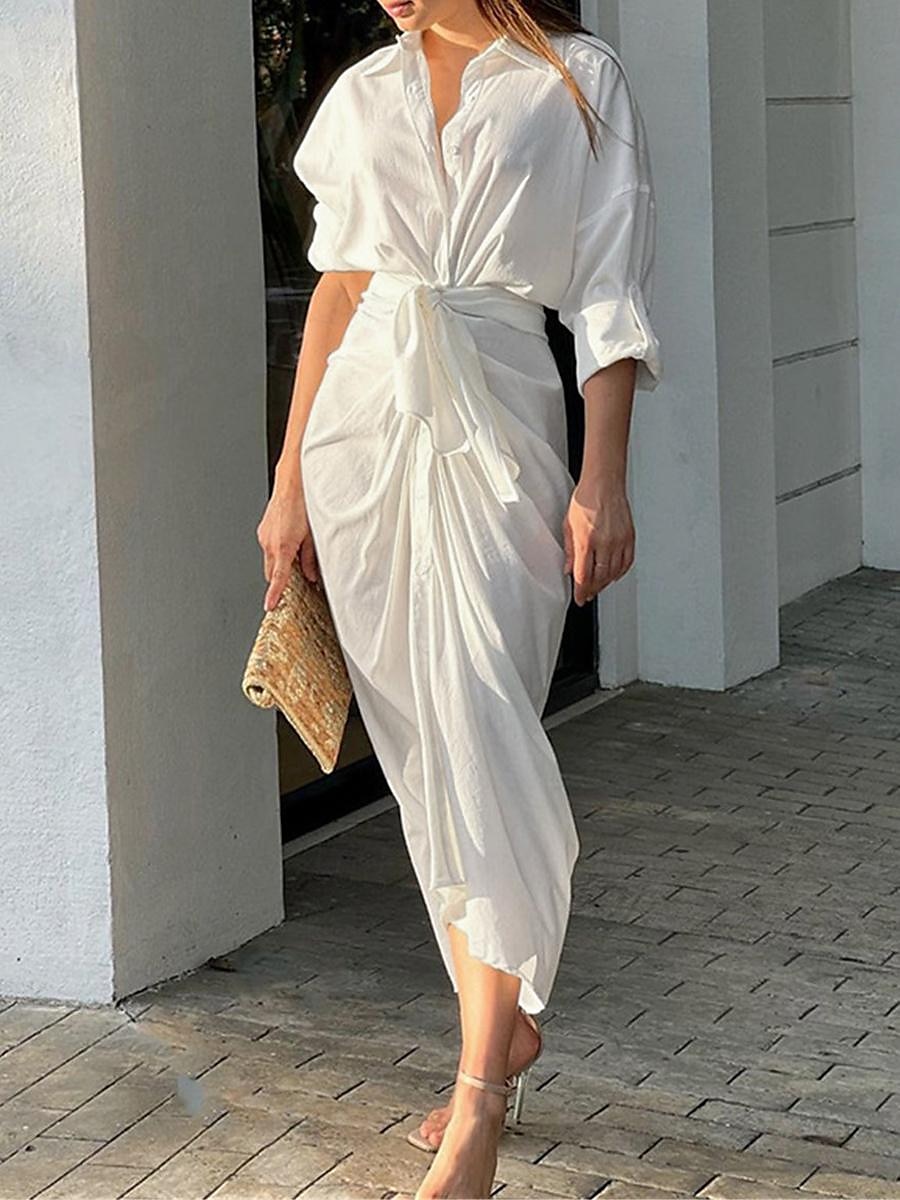 kvinnors vit klänning skjorta klänning ledig klänning maxi lång klänning date semester grundläggande modern skjorta krage ruched 3/4 lång ärm sommar vår lös passform vanlig 2025 - $41.99 –P1