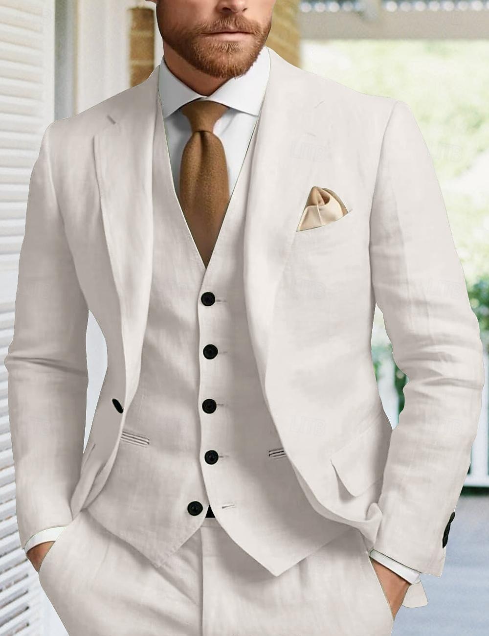 Costumes de mariage en lin pour hommes beiges été couleurs unies coupe ajustée 3 pièces à simple boutonnage un bouton de 2025 ? $139.99 –P1