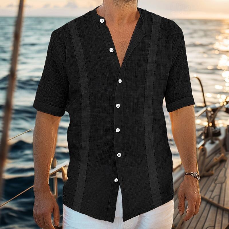 Per uomo Camicia camicia di lino Camicia Guayabera Camicia con colletto a fascia Camicia estiva Abbigliamento mare Liscio Da mare Curise Nero Bianco Blu Verde Manica corta Colletto Estate del 2025 a $22.99 –P4