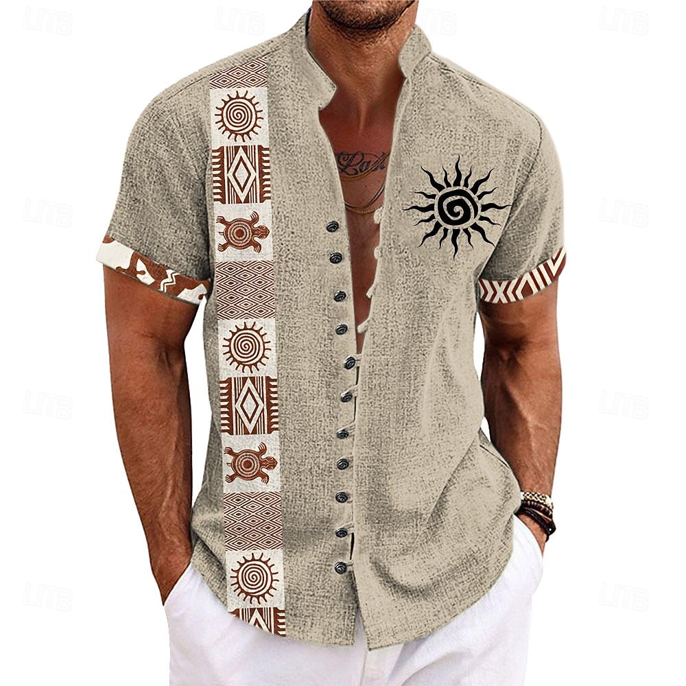 Voor heren Etnisch Overhemd Overhemd met knopen Korte mouw Casual Tribal Vakantie Dagelijks Zomer Lente opa kraag Band Kraag Knop Afdrukken Groen Khaki Abrikoos Beige 2026 - $23.99 –P1