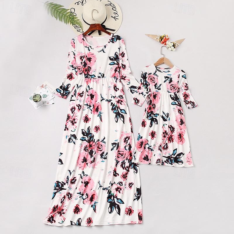 Mommy and Me Dresses Graphic Home Black White Pink Long Sleeve Mommy And Me Outfits Daily Matching Outfits 2026 - $13.99 –P6