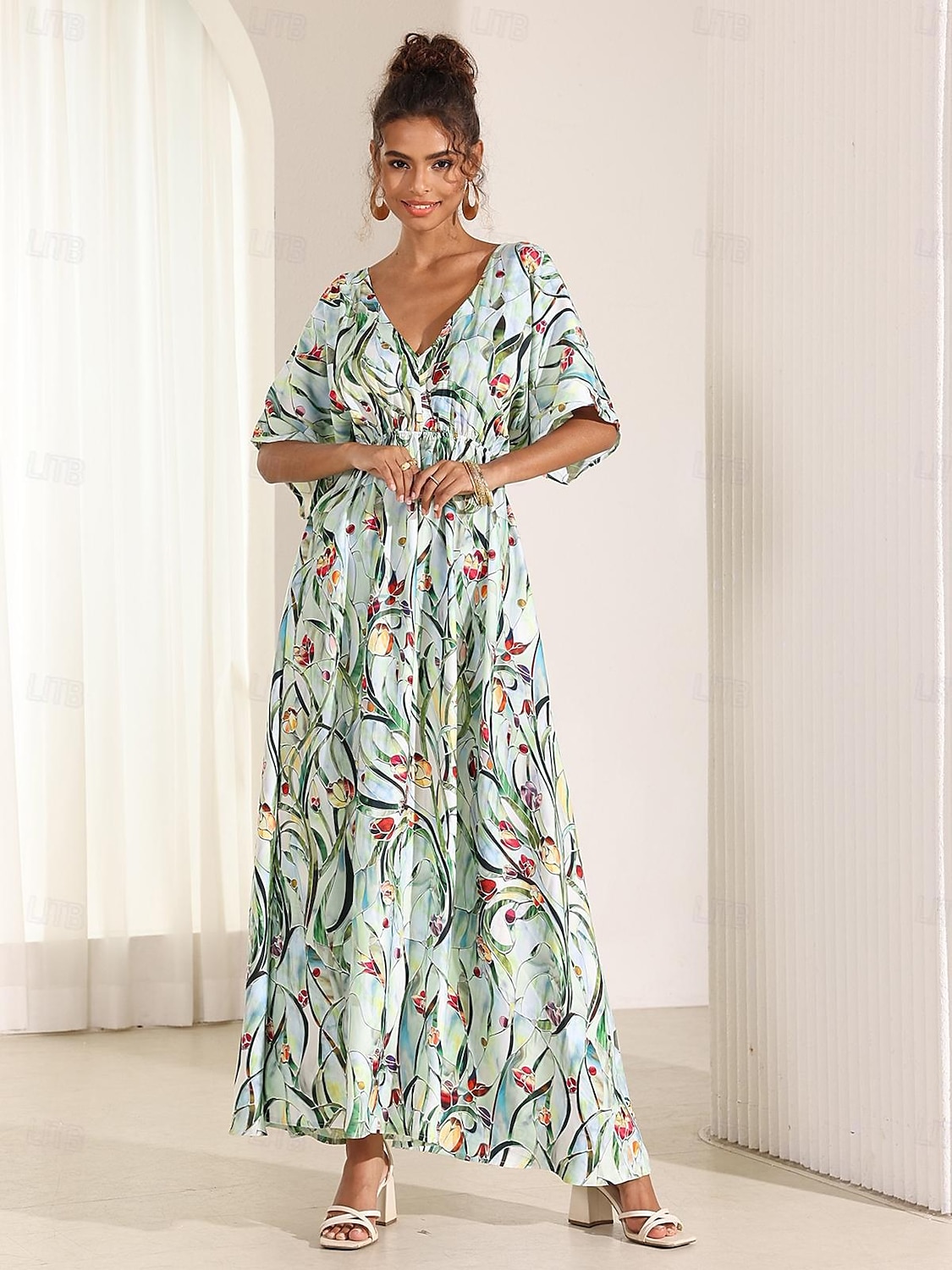 Femmes Robe Midi Robe évasée Robe trapèze Robe d'été Élégant Bohème Tropical Manche flottante Vacances Quotidien Date Coupe Ample Fleuri Manche Courte Col en V Bleu Vert Été de 2025 ? $49.99 –P2