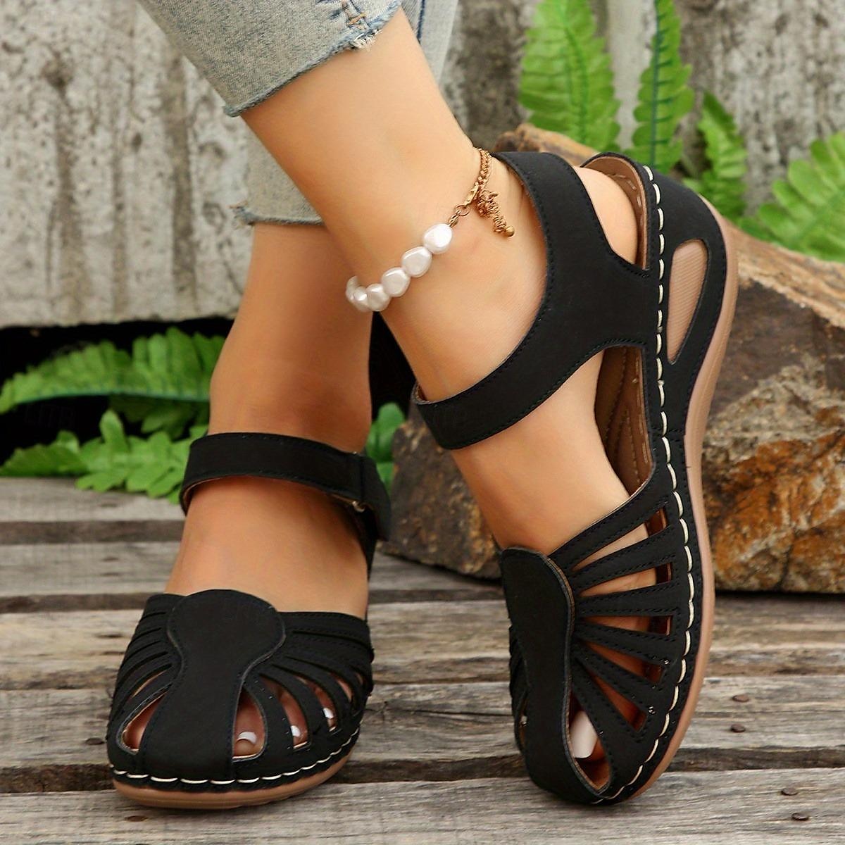Sandales compensées rétro pour femmes, couleur unie, bout fermé, chaussures découpées, sandales décontractées à bride arrière, noir, bleu, orange de 2025 ? $24.99 –P3
