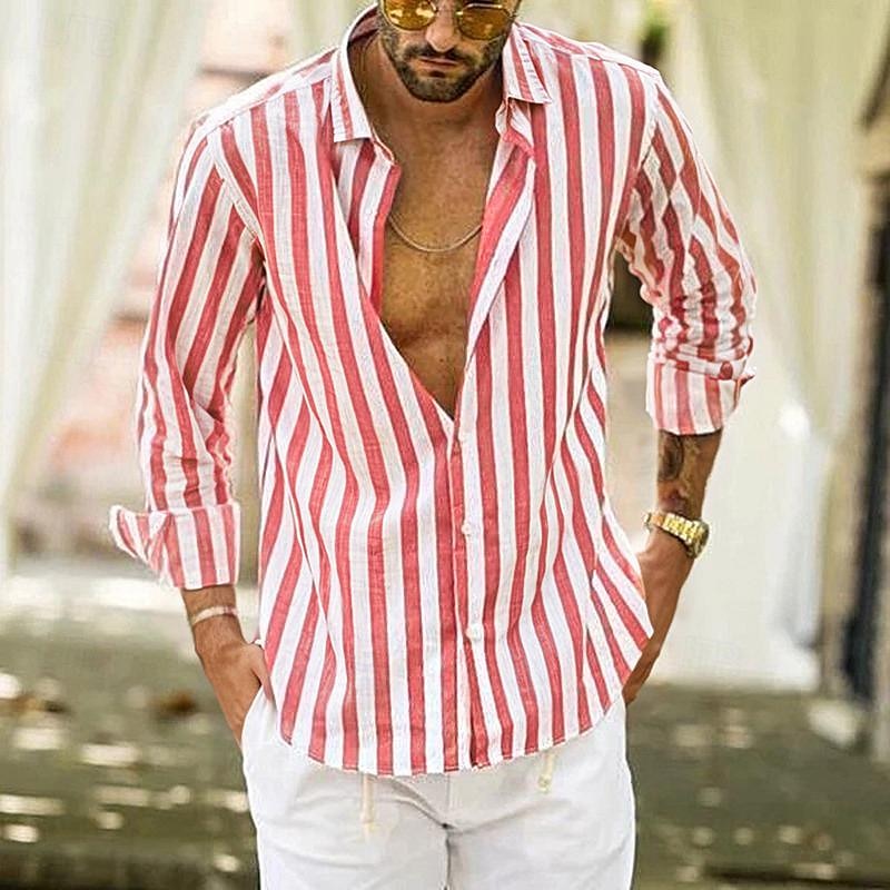 Herren Hemd Leinenhemd Sommerhemd Freizeithemd Strandhemd Knopfhemd Gestreift Urlaub Ferien Schwarz Gelb Rosa Rot Langarm Umlegekragen Frühling & Herbst Bekleidung Button-Down 2025 - $28.99 –P12