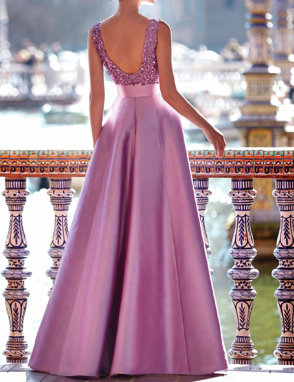 Robe de soirée A-ligne robe élégante mariage formel longueur maxi sans manches décolleté en V satin avec poches et perles de 2025 ? $179.99 –P2