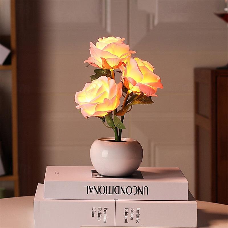 Valentines Flowers Table Lamp, LED 3D Rose Night Light Table Lights Simulation Flower with Vase Table Lamp Ornaments for Home Living Bedroom Decoration Lamp 1pc 2025 - $37.99 –P6