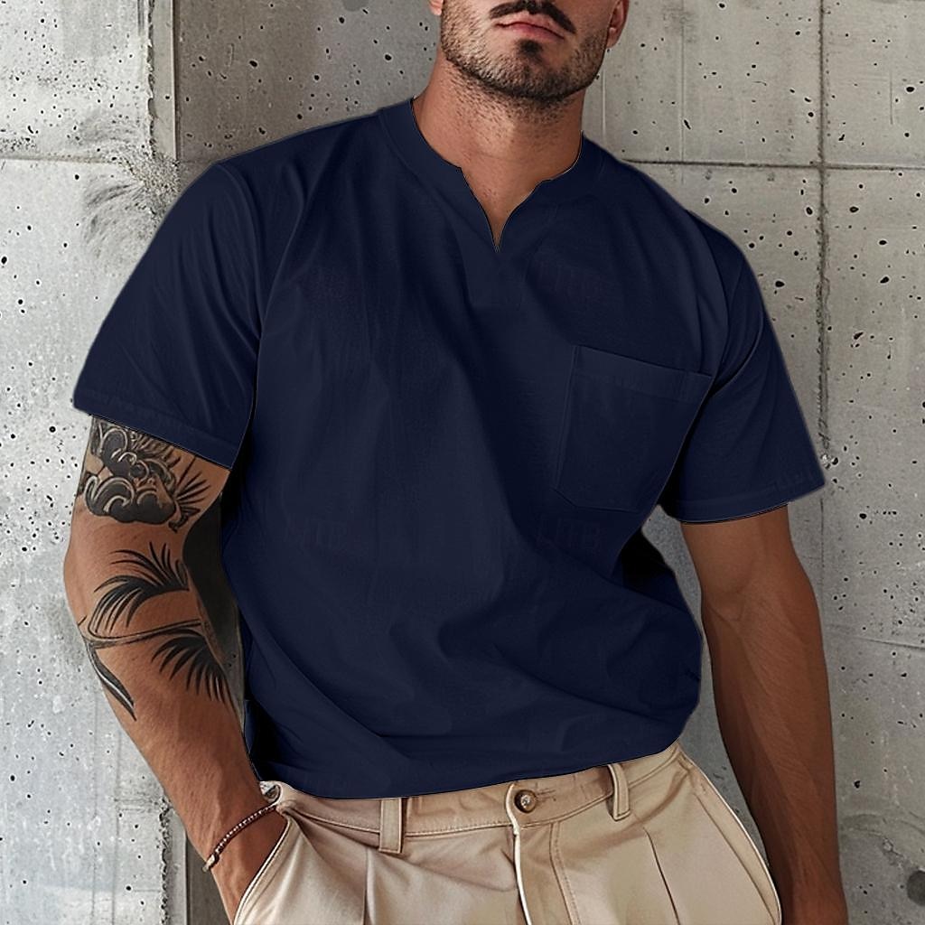 Voor heren T-shirt Korte mouw V-hals Zomer Effen Modieus Ontwerper Basic Knop Voorvak Vakantie Uitgaan Casual / Dagelijks Licht Blauw Legergroen Marine Top T-shirt voor mannen 2025 - $17.99 –P12