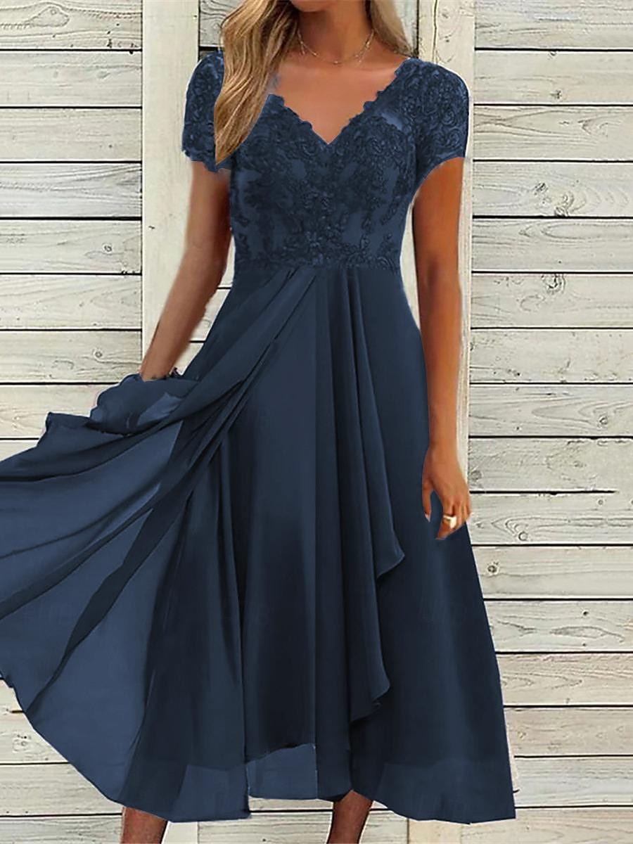 dames midi-jurk v-hals kant detail korte mouw chiffon zwierig blauw elegant avondfeest bruiloftsgast lente zomer herfst veelzijdige maten 2026 - $38.99 –P2