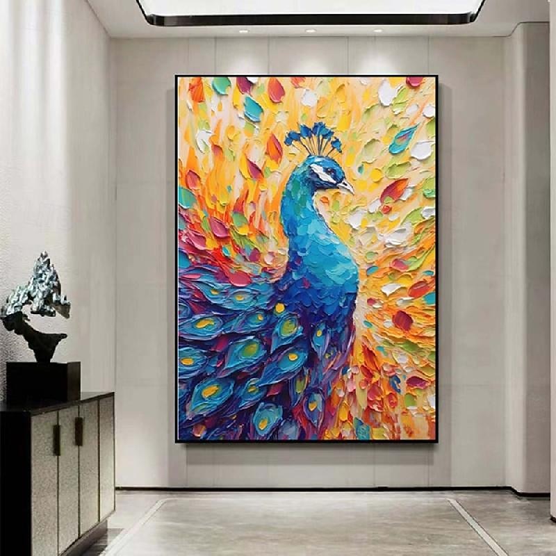 Pfauengemälde, Vogelkunst, Ölgemälde, handgefertigt, farbenfrohes Pfauen-Impasto-Kunstwerk, helles Ölgemälde, Wandkunst, Palettenmesser, heller Vogel, 3D-Strukturkunst, Gemälde für Schlafzimmer, 2025 - $116.99 –P8
